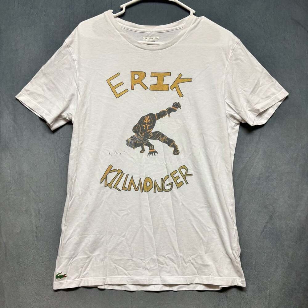 Lacoste Erik Killmonger T-Shirt Size L Mens FITTED White Cotton Graphic Tee